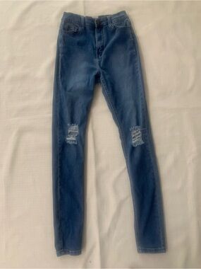 Fashion Nova Dark Blue Skinny Jeans with Knee Distressing